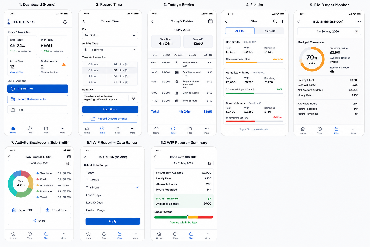 TimeWIP mobile app dashboard, time entry, files and WIP monitor screens
